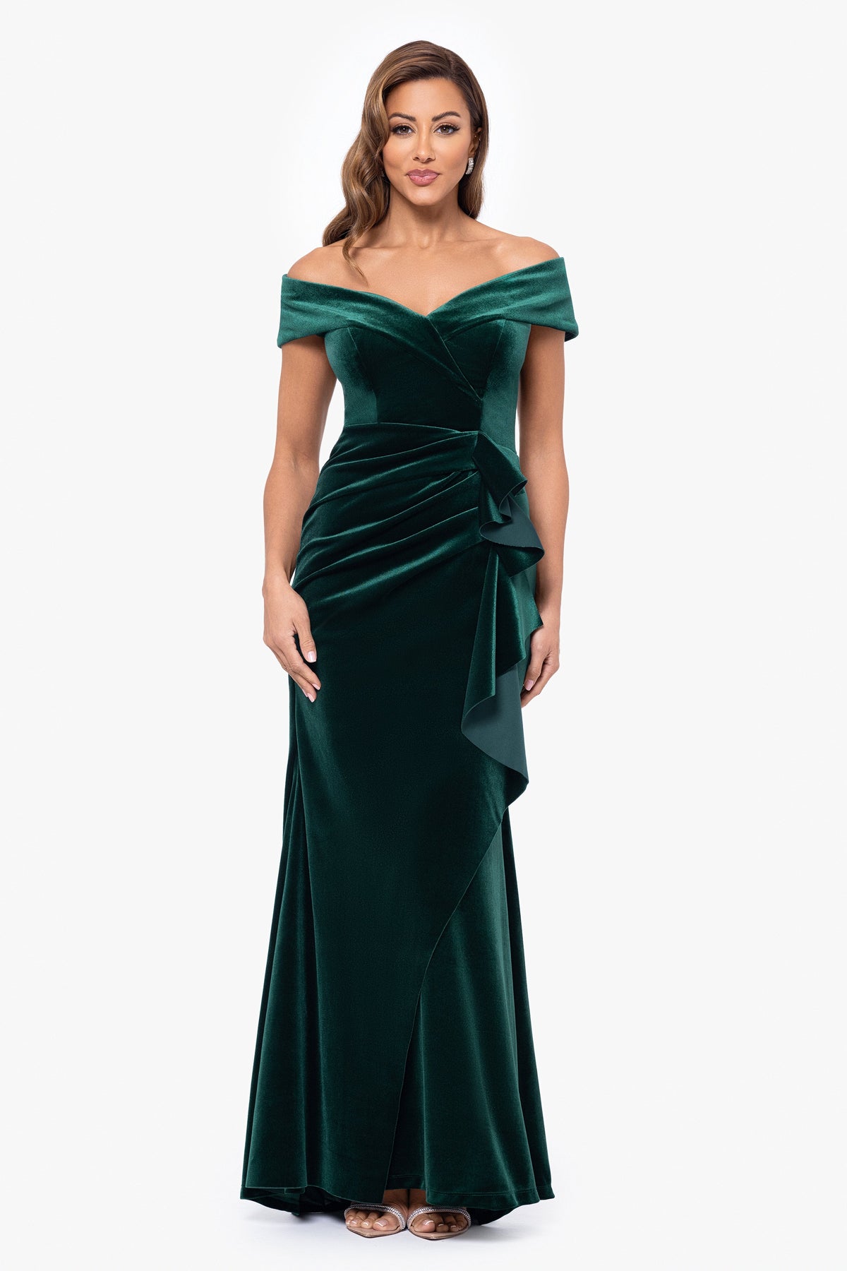 XSCAPE Petite "Alana" Long Off The Shoulder Velvet Ruffle Dress