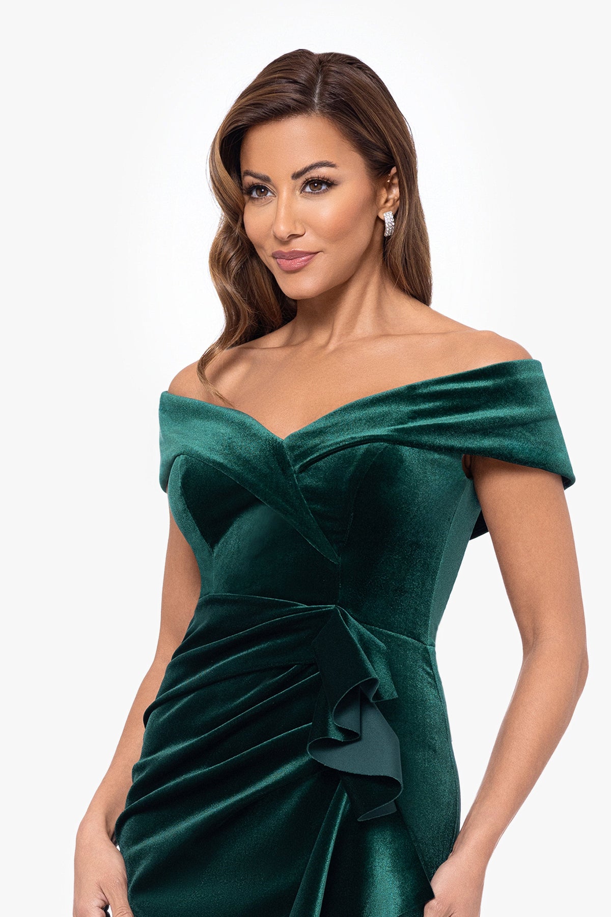 XSCAPE Petite "Alana" Long Off The Shoulder Velvet Ruffle Dress