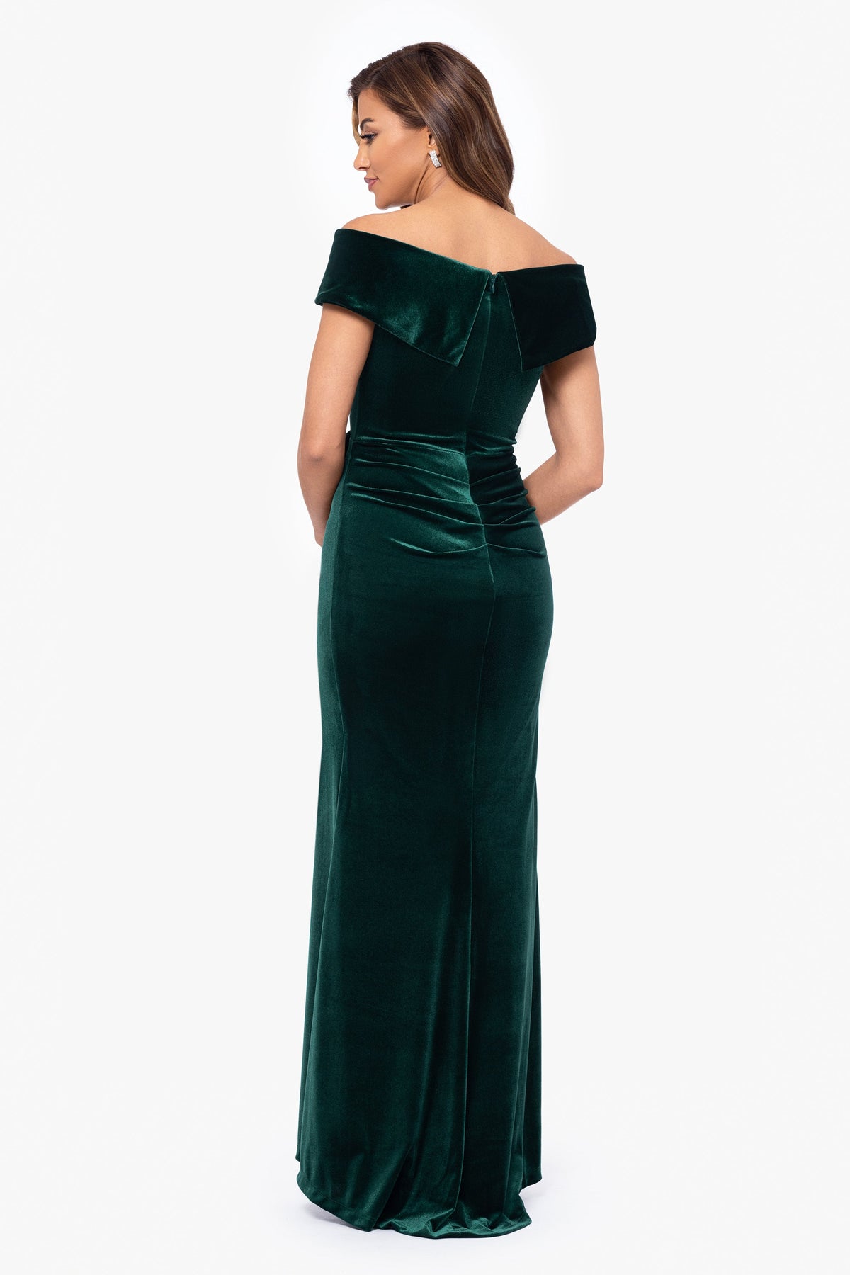 XSCAPE Petite "Alana" Long Off The Shoulder Velvet Ruffle Dress