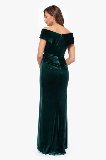 XSCAPE Petite "Alana" Long Off The Shoulder Velvet Ruffle Dress