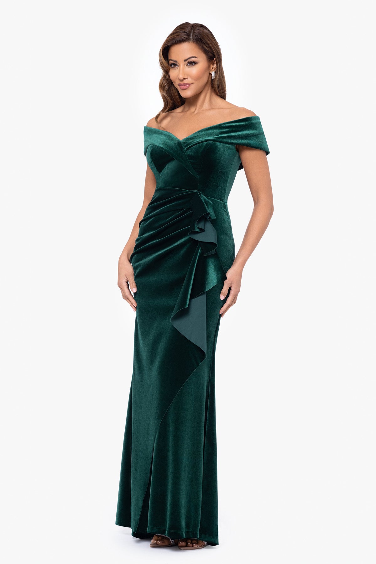 XSCAPE Petite "Alana" Long Off The Shoulder Velvet Ruffle Dress