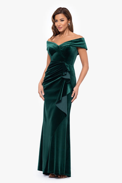 XSCAPE Petite "Alana" Long Off The Shoulder Velvet Ruffle Dress