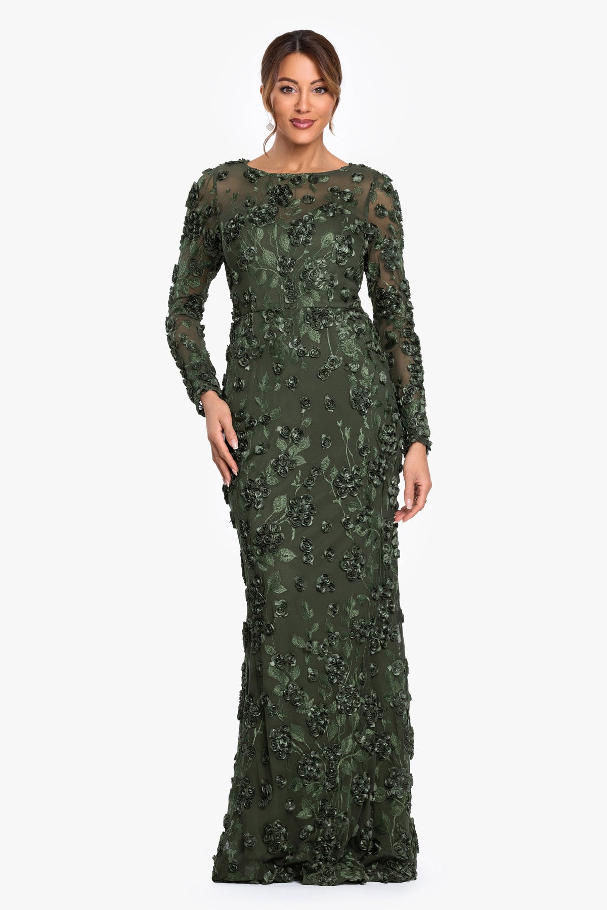 XSCAPE Petite "Ruby" Raised Flowers Long Sleeve Dress