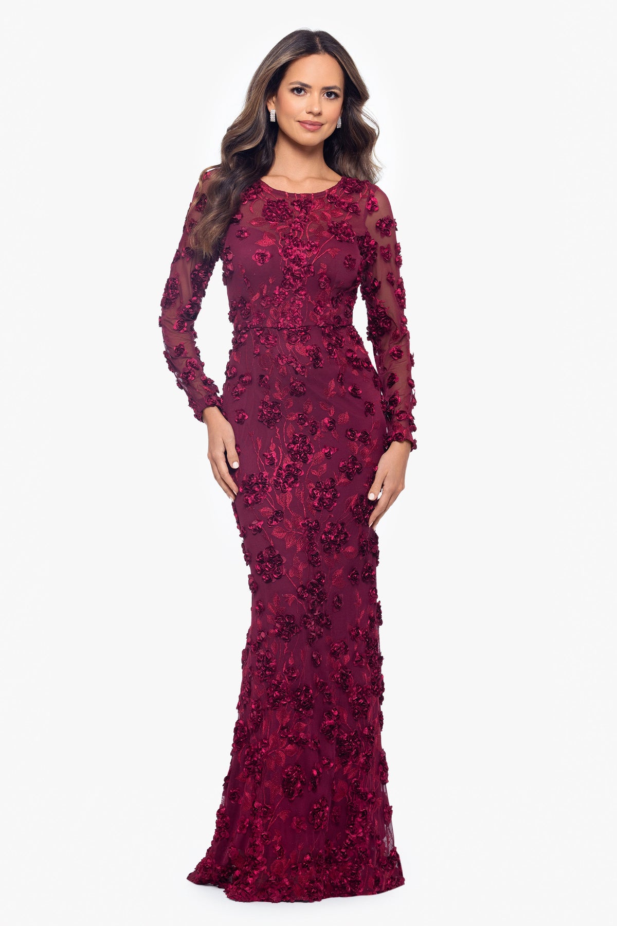 XSCAPE "Ruby" Raised Flowers Long Sleeve Dress