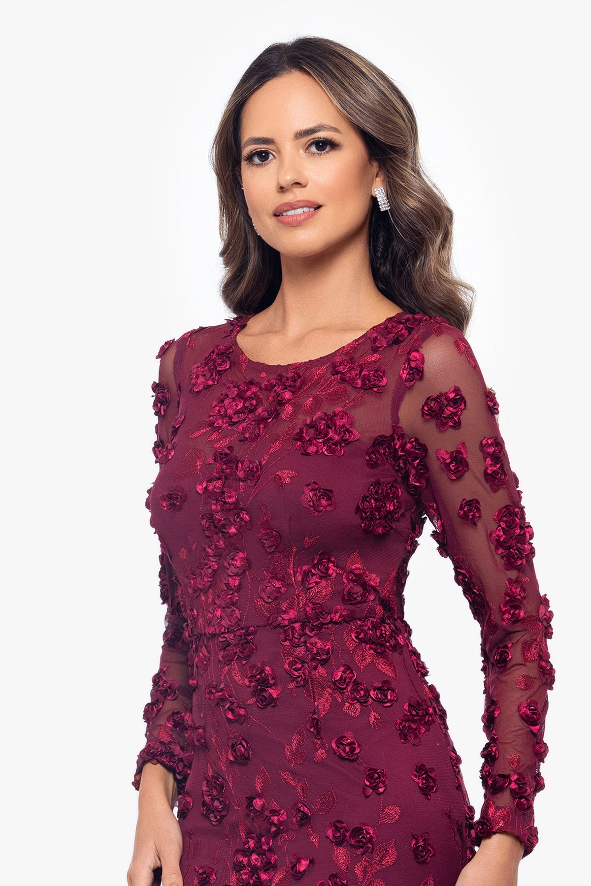XSCAPE "Ruby" Raised Flowers Long Sleeve Dress