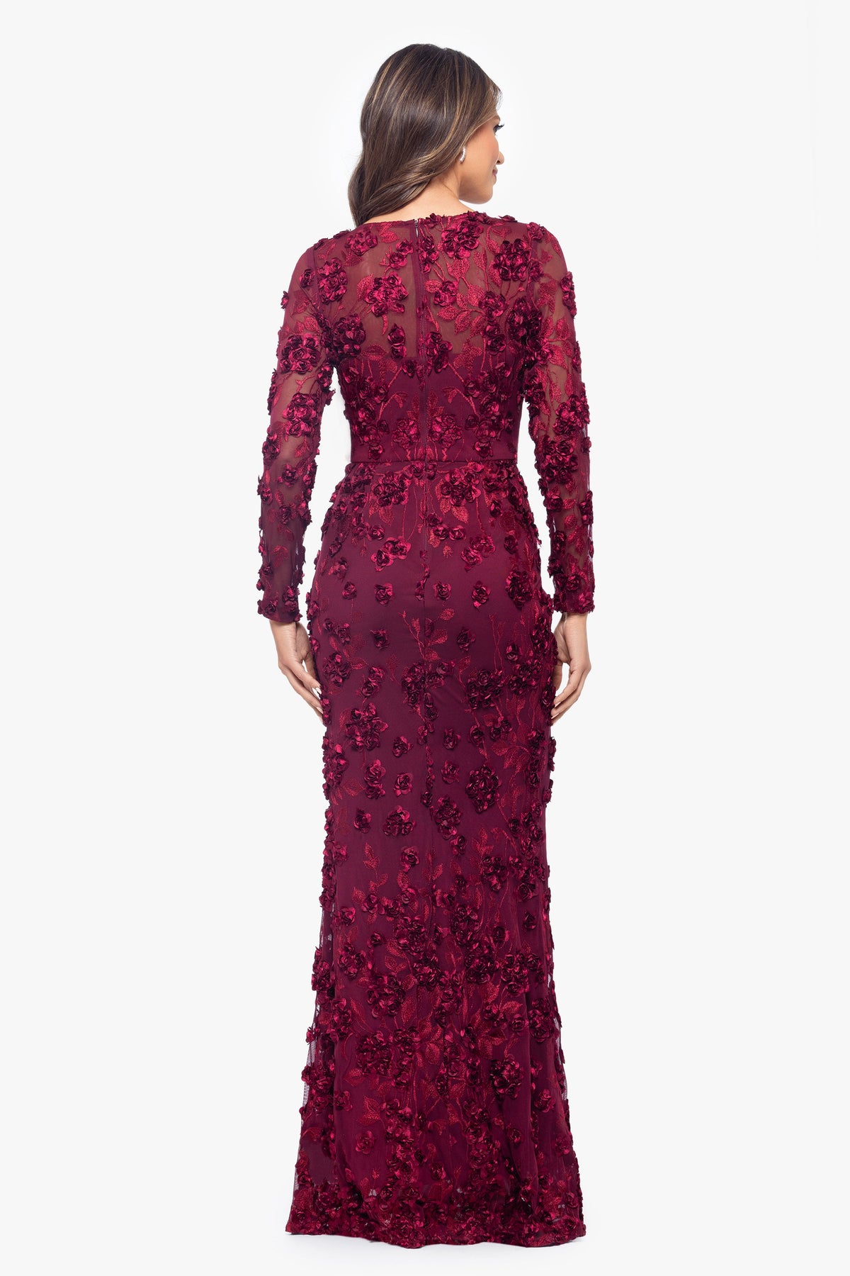 XSCAPE "Ruby" Raised Flowers Long Sleeve Dress