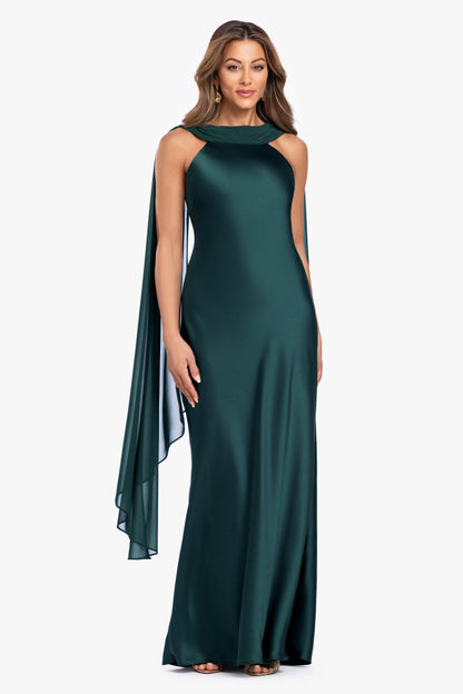 XSCAPE "Monica" Satin & Hammered Chiffon Scarf Dress