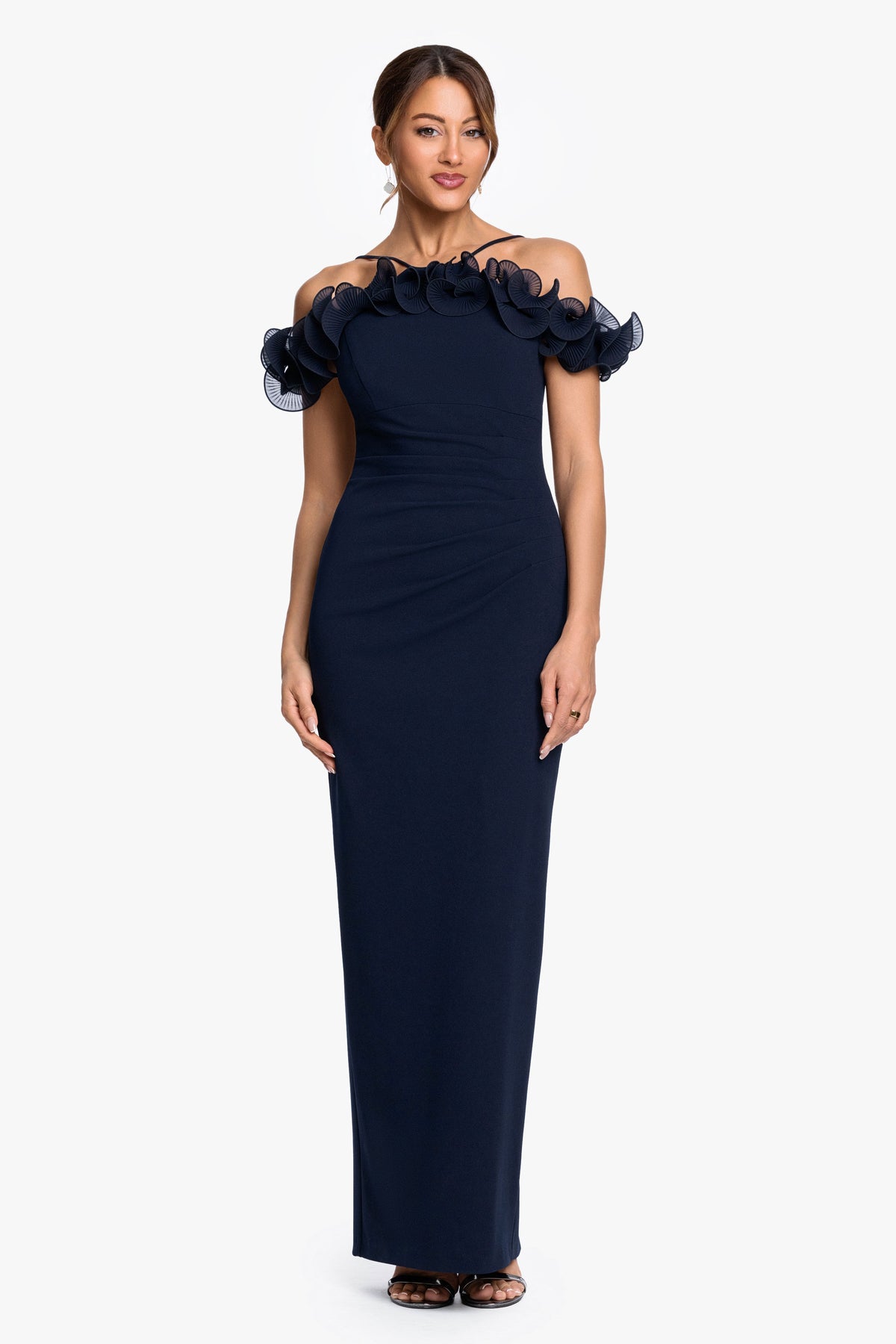 XSCAPE "Luna" Scuba Crepe & Chiffon Ruffle Dress