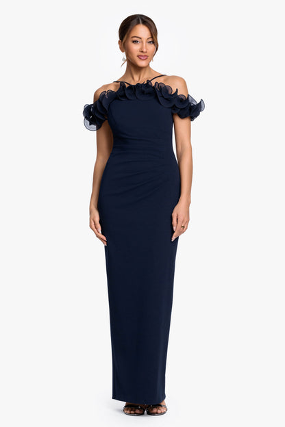 XSCAPE "Luna" Scuba Crepe & Chiffon Ruffle Dress