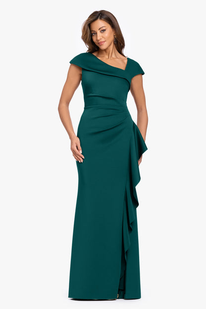 XSCAPE "Rory" Techno Scuba Asymmetrical Side Ruffle Dress