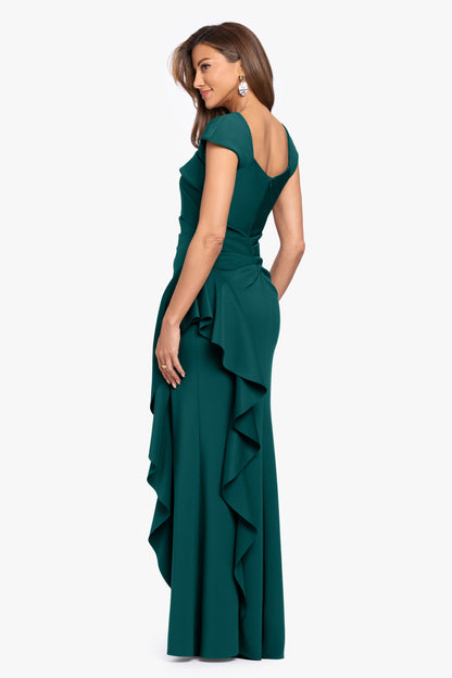 XSCAPE "Rory" Techno Scuba Asymmetrical Side Ruffle Dress
