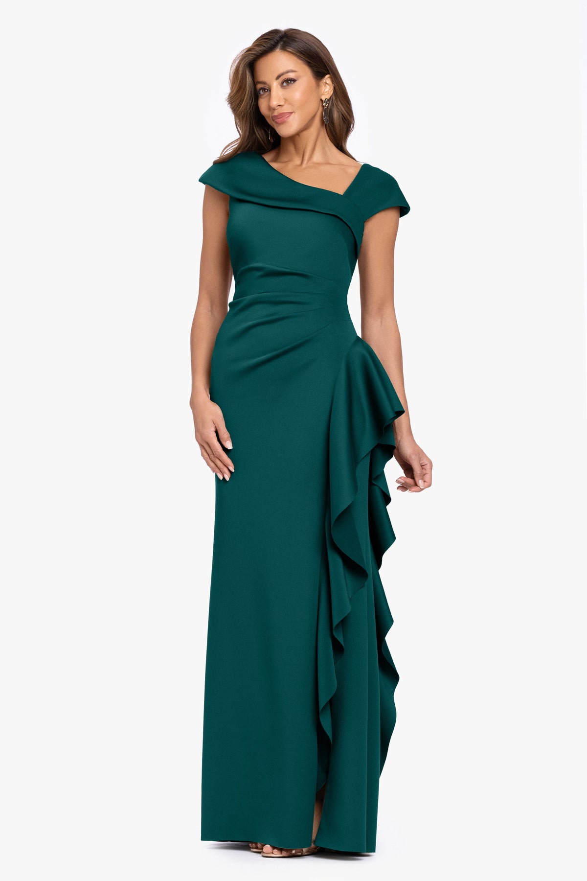 XSCAPE "Rory" Techno Scuba Asymmetrical Side Ruffle Dress