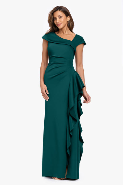 XSCAPE "Rory" Techno Scuba Asymmetrical Side Ruffle Dress