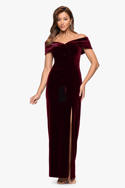 XSCAPE "Charmaine" Velvet Off The Shoulder Gown