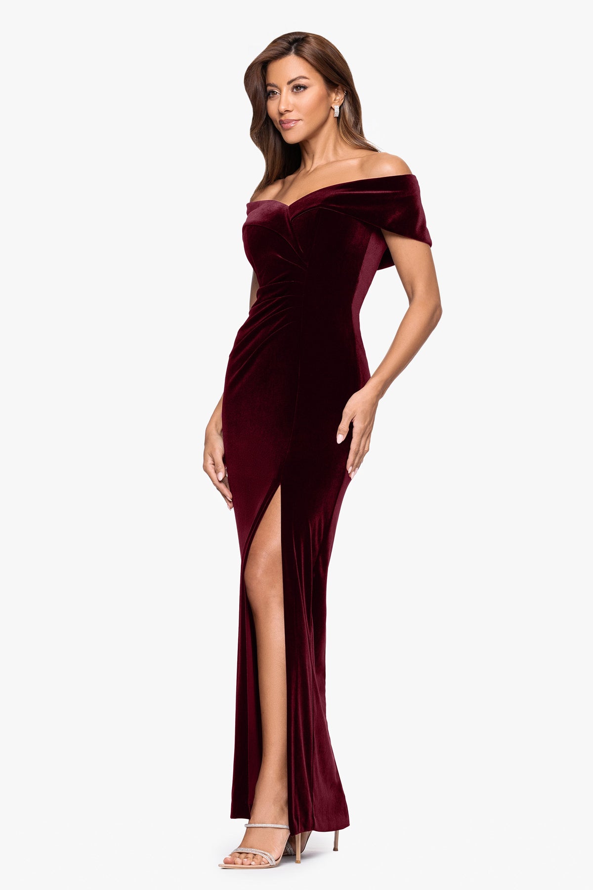 XSCAPE "Charmaine" Velvet Off The Shoulder Gown