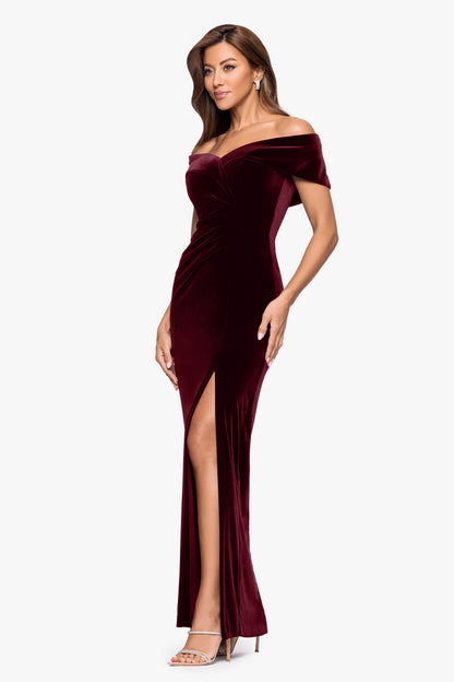 XSCAPE "Charmaine" Velvet Off The Shoulder Gown