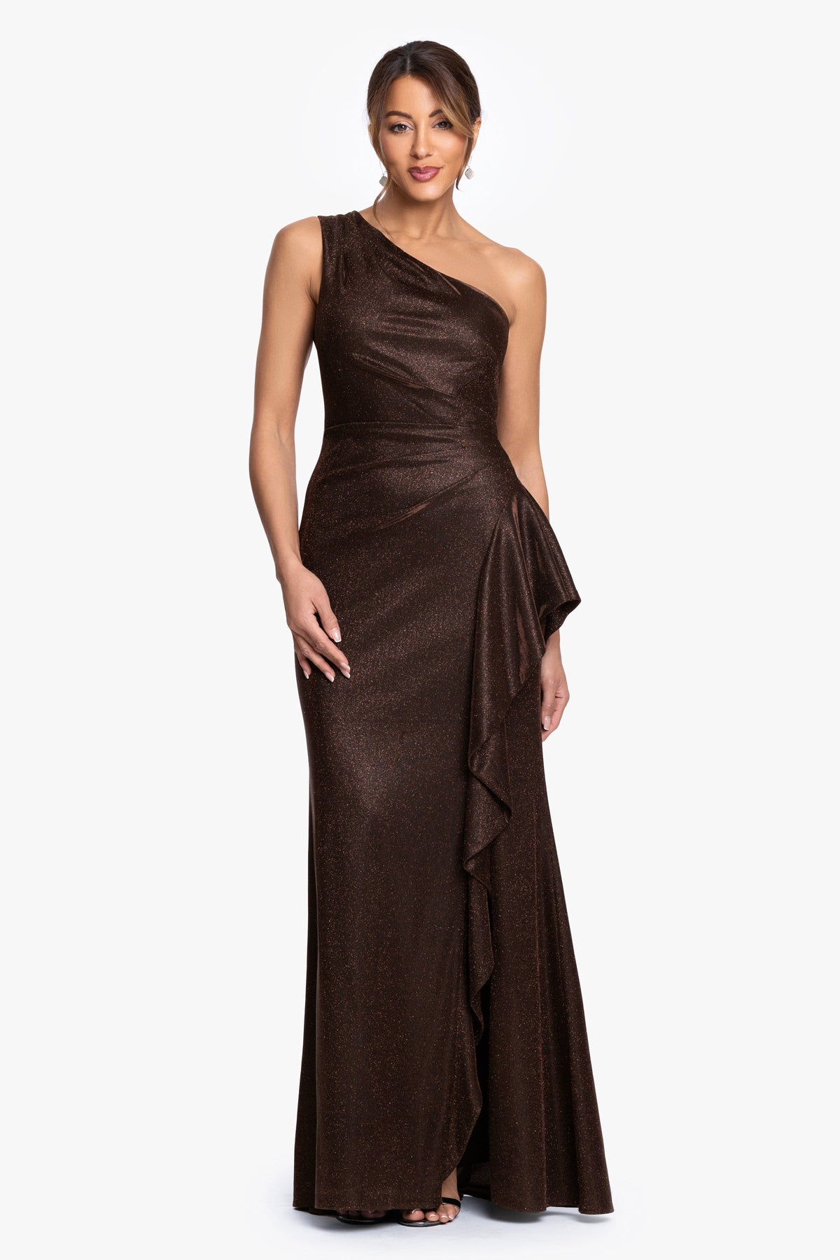 XSCAPE "Shannon" Galaxy Glitter One Shoulder Ruffle Dress