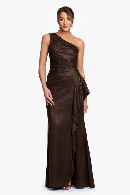 XSCAPE "Shannon" Galaxy Glitter One Shoulder Ruffle Dress