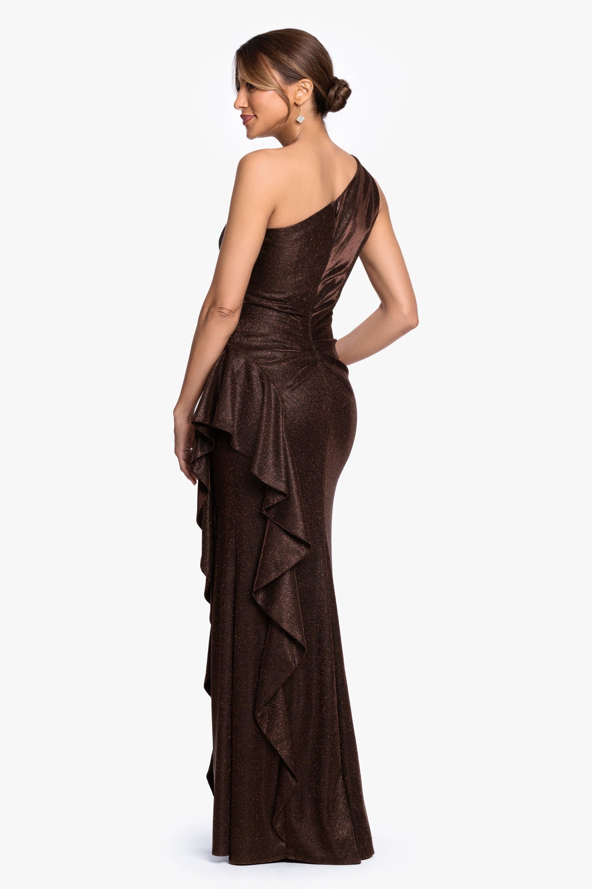 XSCAPE "Shannon" Galaxy Glitter One Shoulder Ruffle Dress