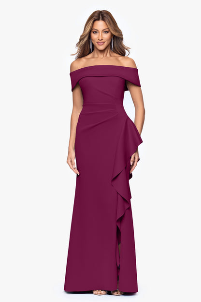 XSCAPE Petite "Dolly" Techno Scuba Off the Shoulder Ruffle Dress