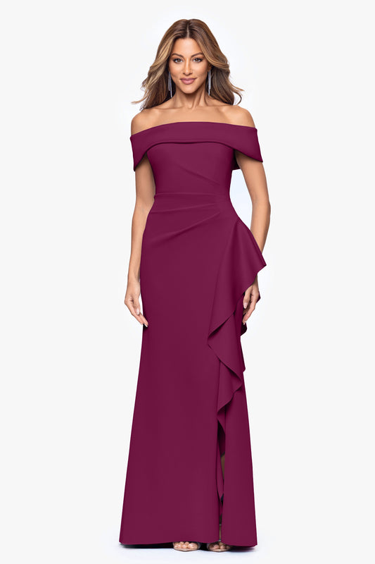 XSCAPE Petite "Dolly" Techno Scuba Off the Shoulder Ruffle Dress