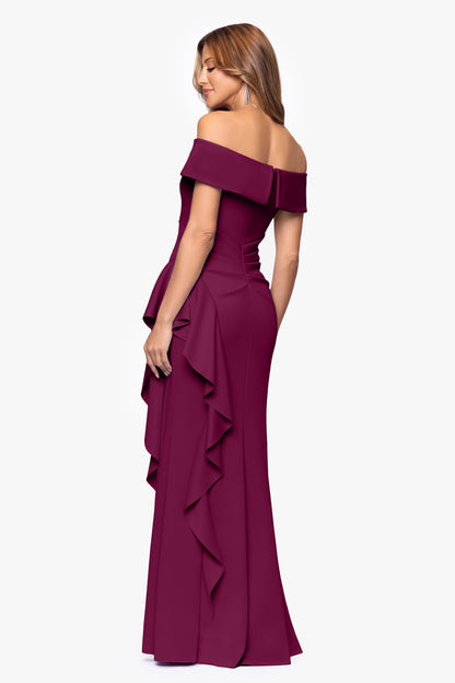 XSCAPE Petite "Dolly" Techno Scuba Off the Shoulder Ruffle Dress