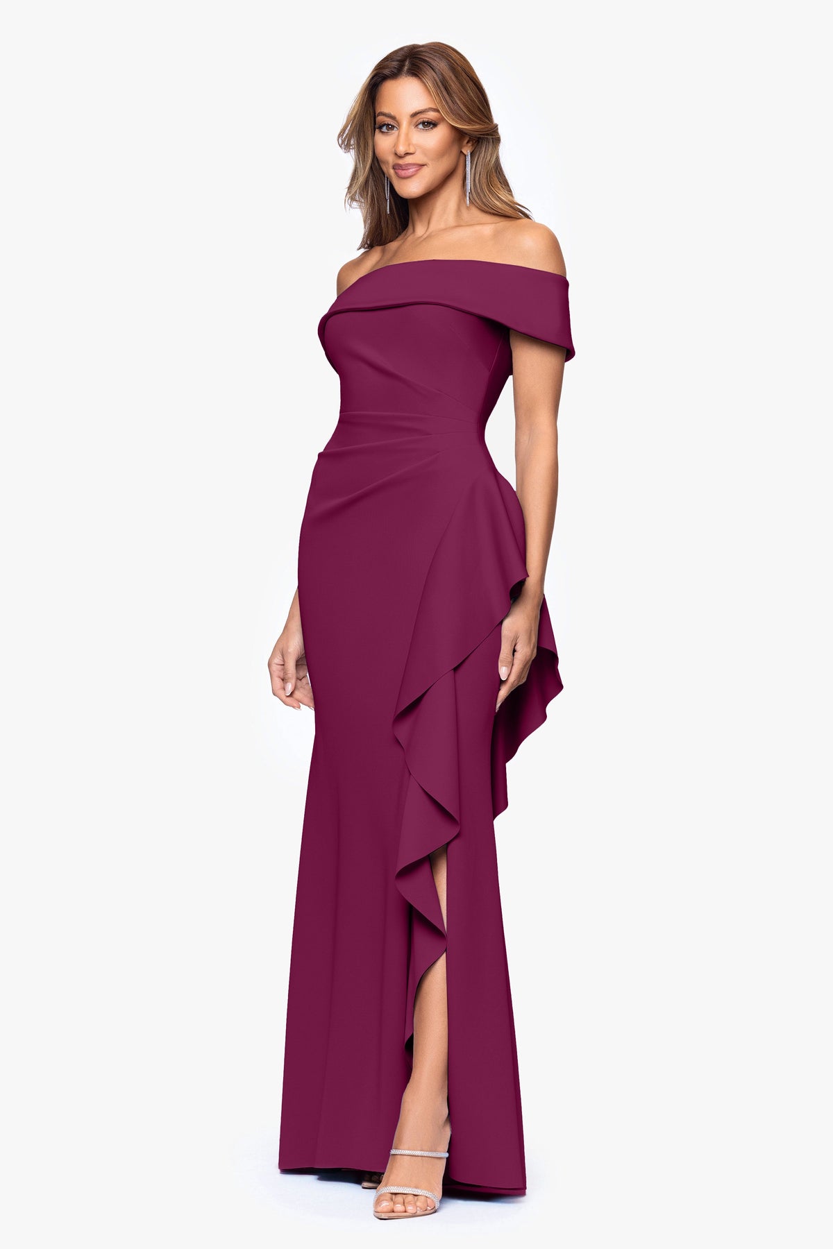 XSCAPE Petite "Dolly" Techno Scuba Off the Shoulder Ruffle Dress
