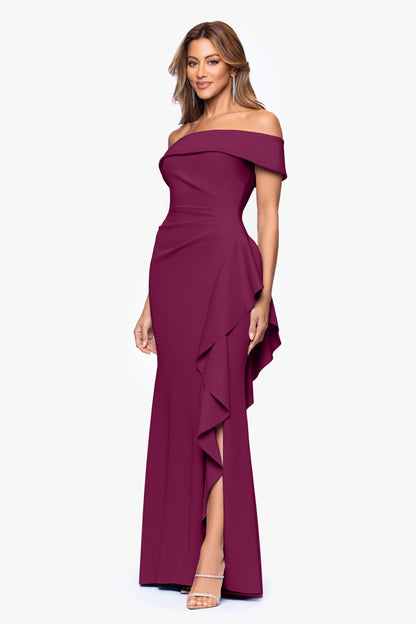 XSCAPE Petite "Dolly" Techno Scuba Off the Shoulder Ruffle Dress
