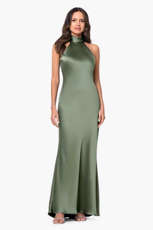 XSCAPE Petite "Ruth" Satin High Tie Neck Backless Dress