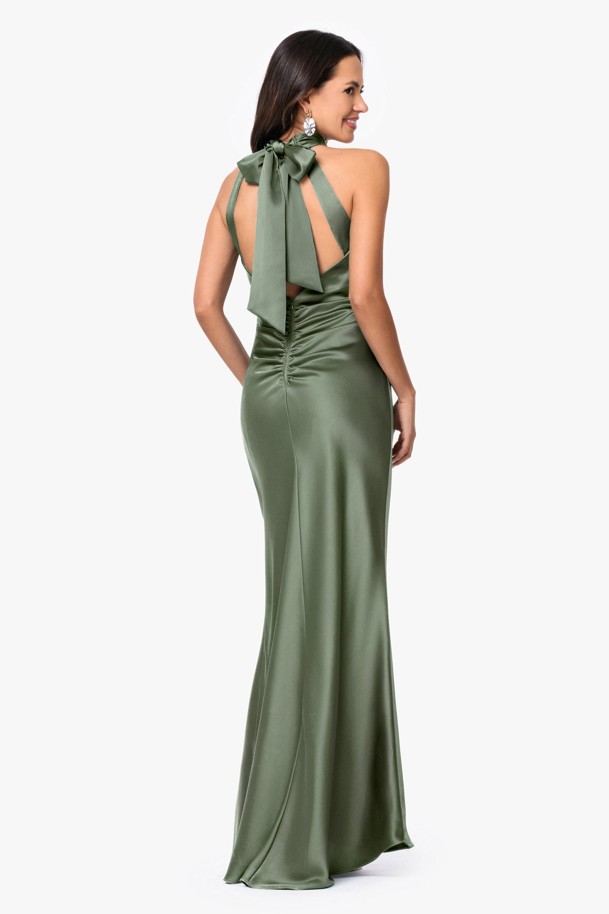 XSCAPE Petite "Ruth" Satin High Tie Neck Backless Dress