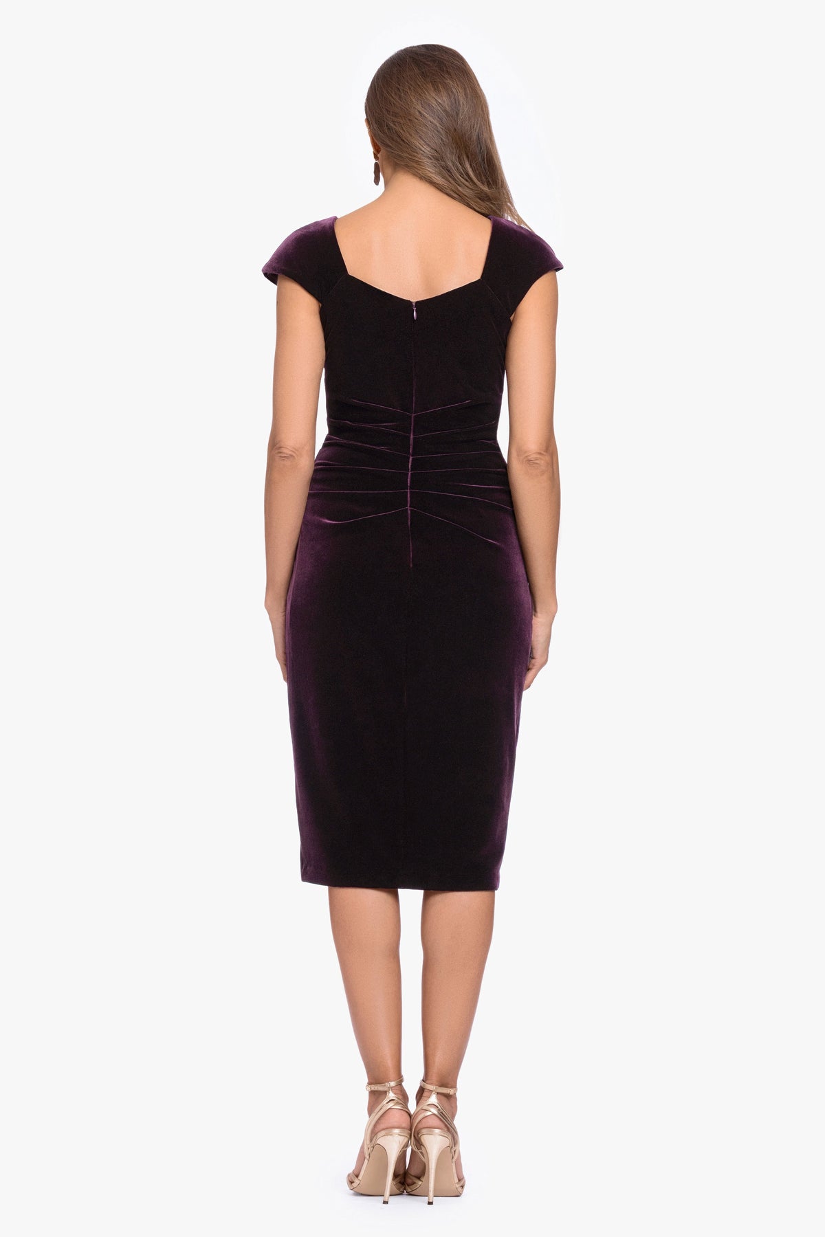 XSCAPE "Alina" Velvet Asymmetrical Cap Sleeve Short Dress