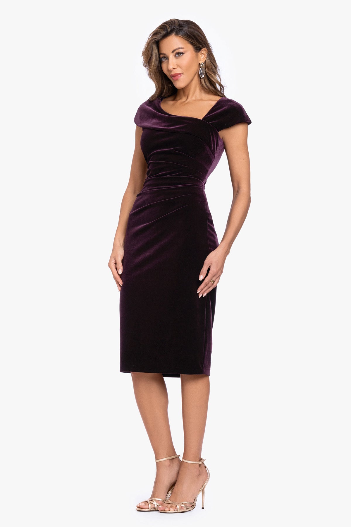 XSCAPE "Alina" Velvet Asymmetrical Cap Sleeve Short Dress