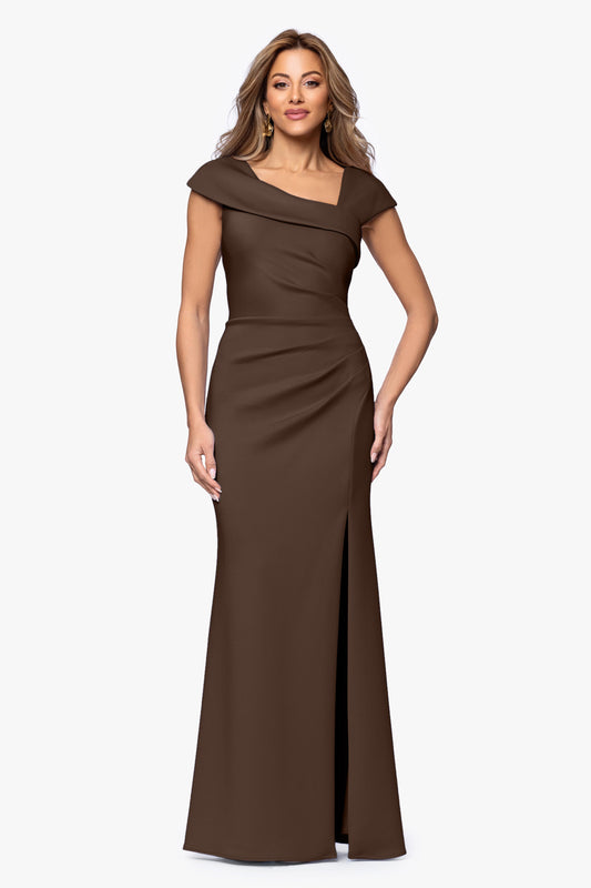 XSCAPE "Lenore" Techno Scuba Asymmetrical Neckline Dress