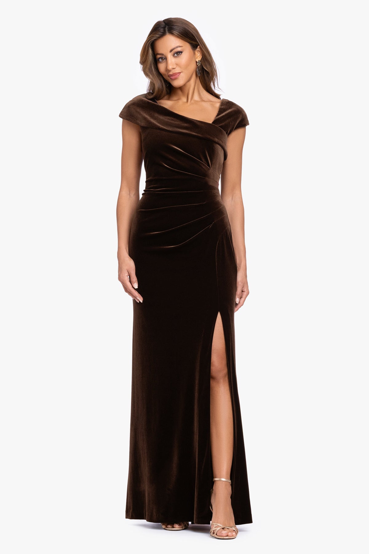 XSCAPE "Katrina" Velvet Asymmetrical Neckline Cap Sleeve Dress