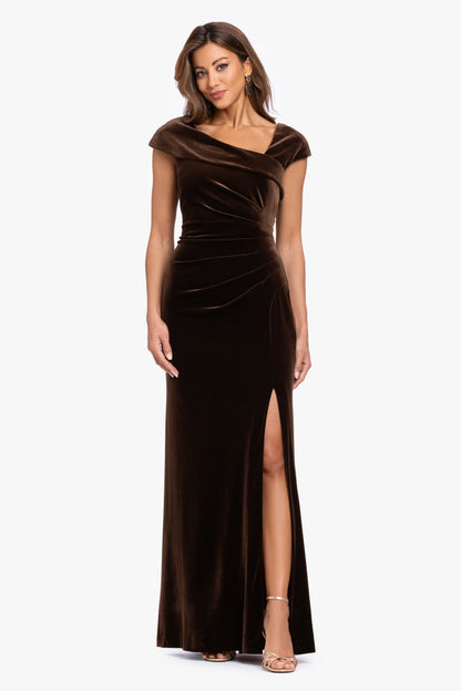XSCAPE "Katrina" Velvet Asymmetrical Neckline Cap Sleeve Dress