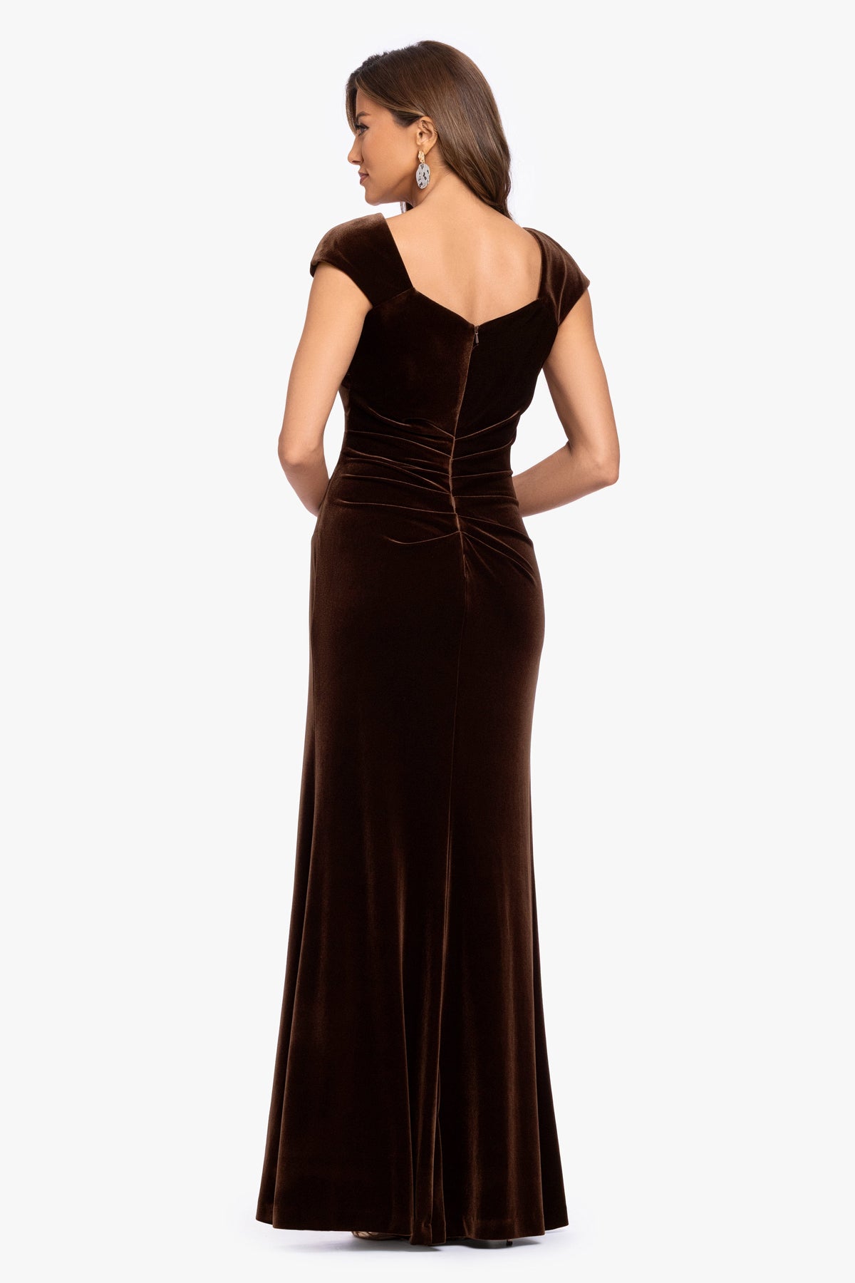 XSCAPE "Katrina" Velvet Asymmetrical Neckline Cap Sleeve Dress