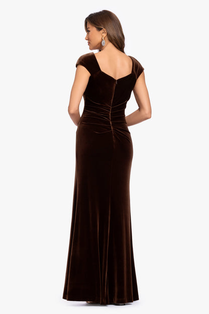 XSCAPE "Katrina" Velvet Asymmetrical Neckline Cap Sleeve Dress