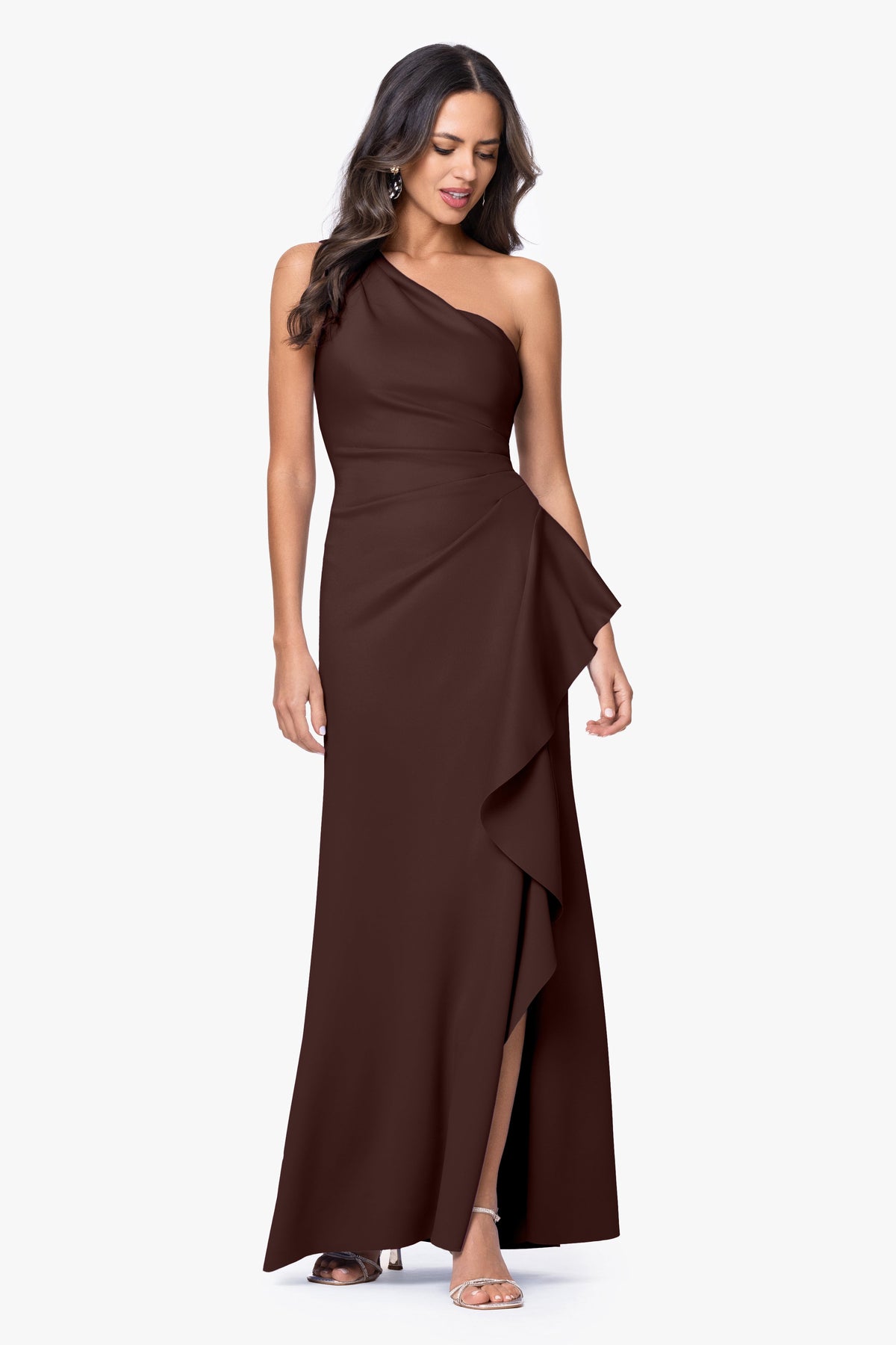 XSCAPE "Flo" Long Techno Scuba One Shoulder Ruffle Dress