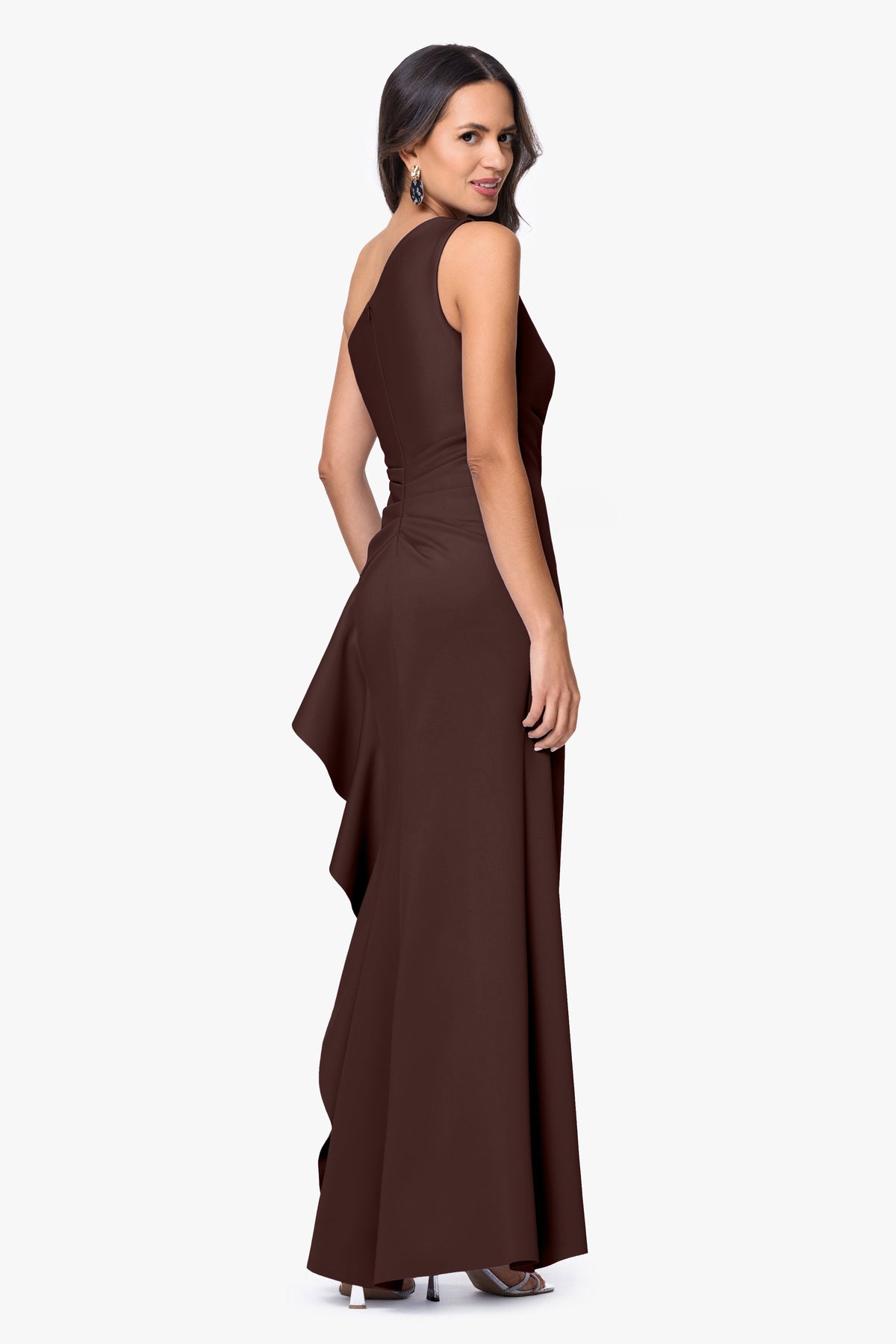 XSCAPE "Flo" Long Techno Scuba One Shoulder Ruffle Dress