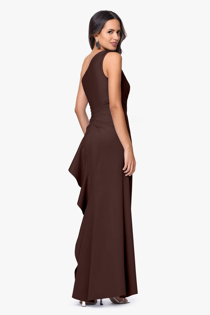 XSCAPE "Flo" Long Techno Scuba One Shoulder Ruffle Dress