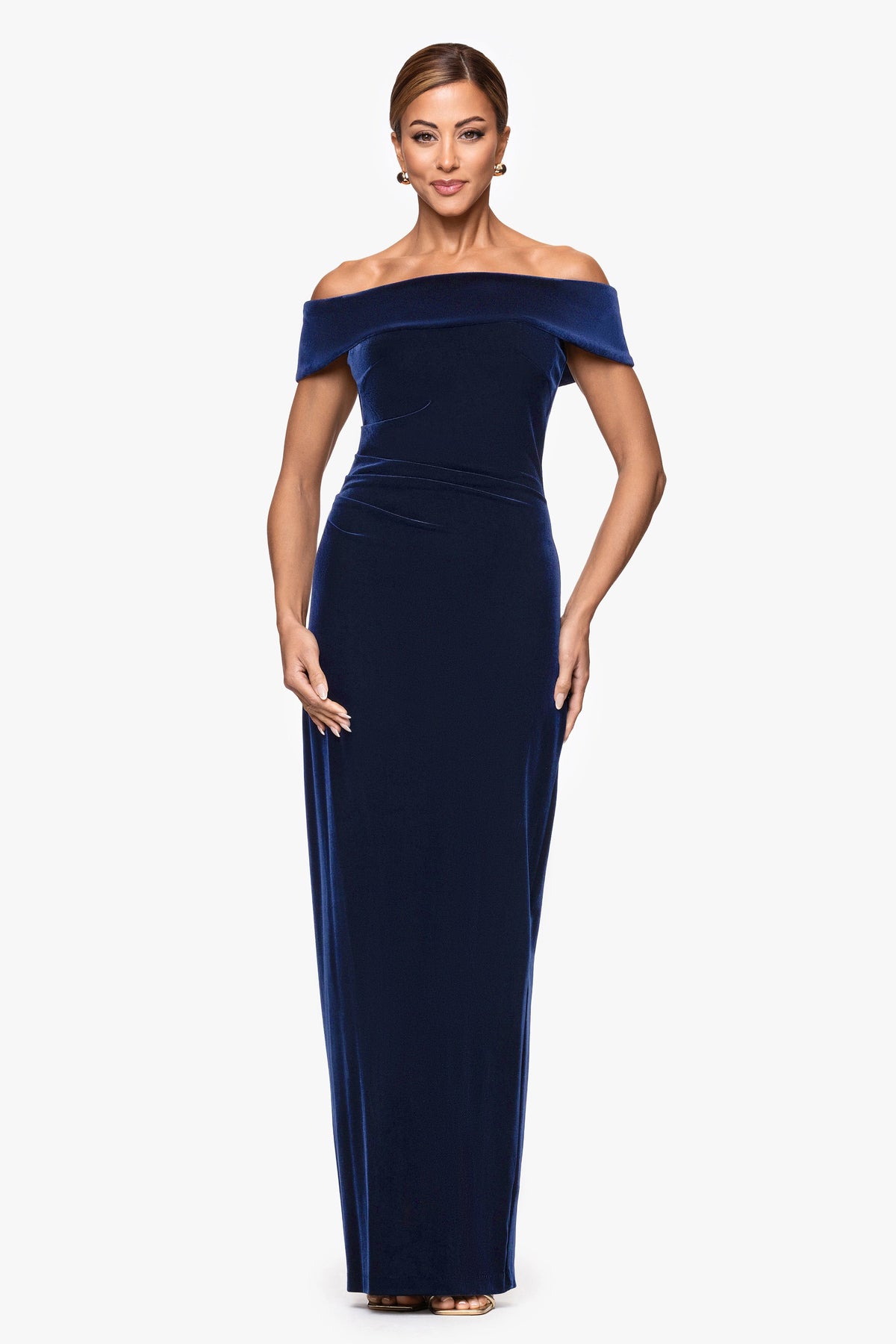 XSCAPE "Lori" Velvet Off The Shoulder Ruched Dress