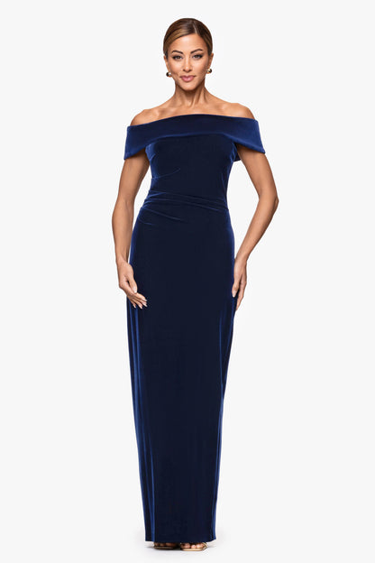 XSCAPE "Lori" Velvet Off The Shoulder Ruched Dress