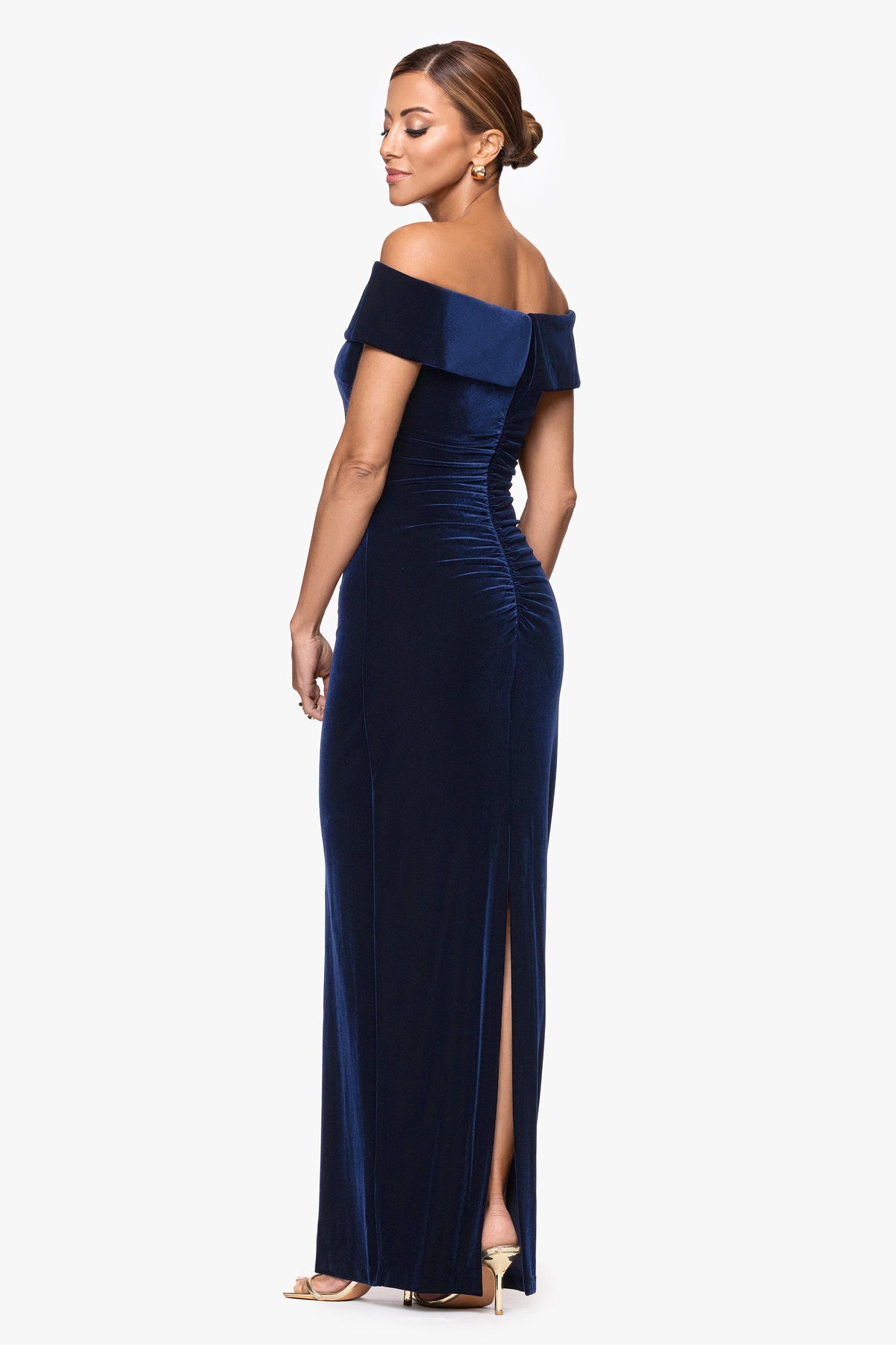 XSCAPE "Lori" Velvet Off The Shoulder Ruched Dress