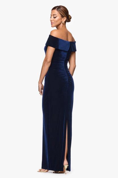 XSCAPE "Lori" Velvet Off The Shoulder Ruched Dress