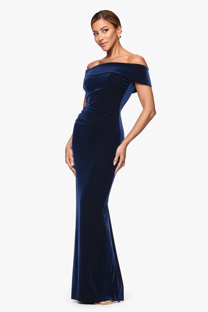 XSCAPE "Lori" Velvet Off The Shoulder Ruched Dress