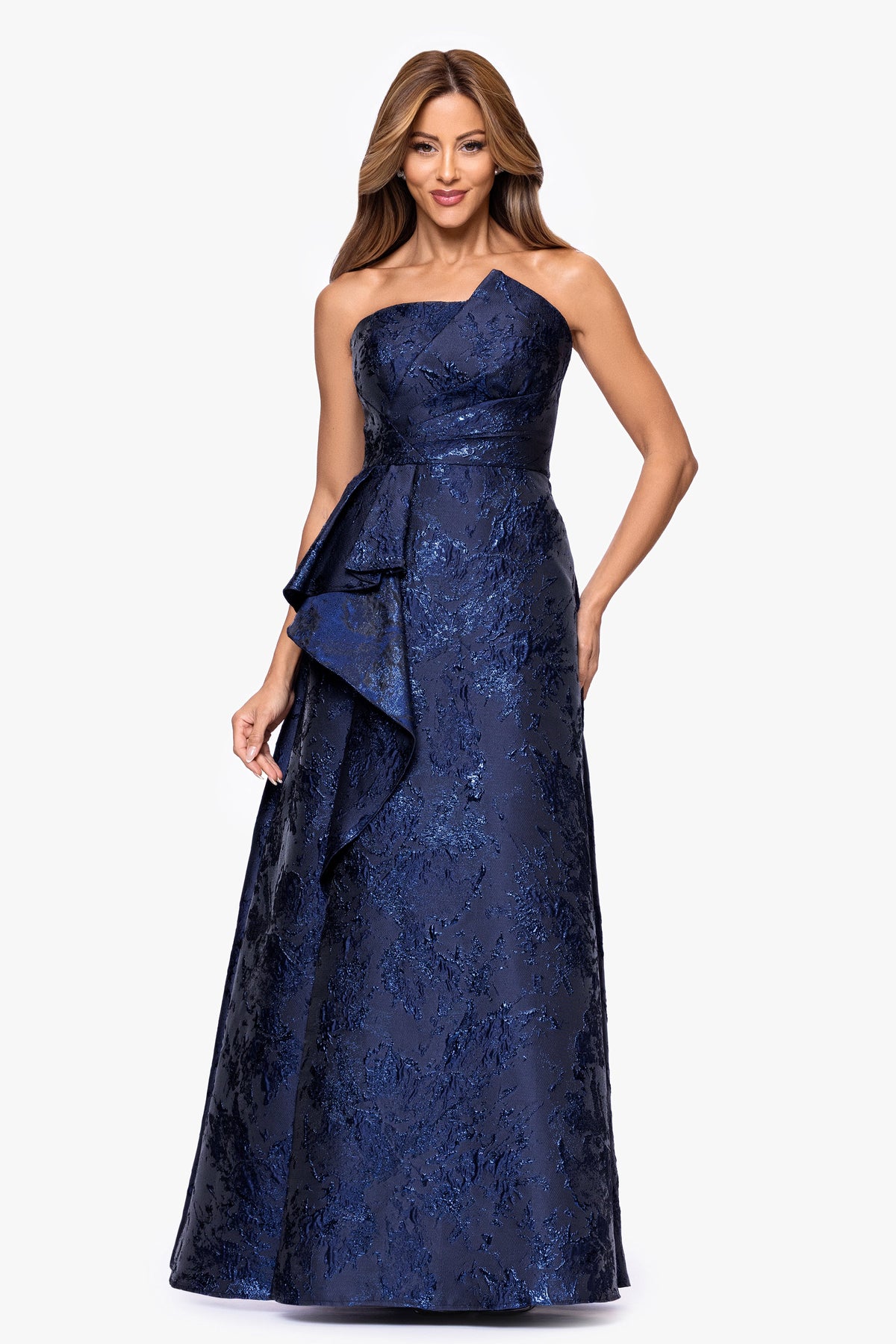XSCAPE "Emelia" Brocade Strapless Ruffle Dress