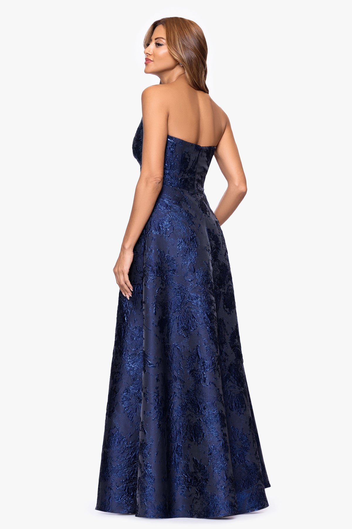 XSCAPE "Emelia" Brocade Strapless Ruffle Dress