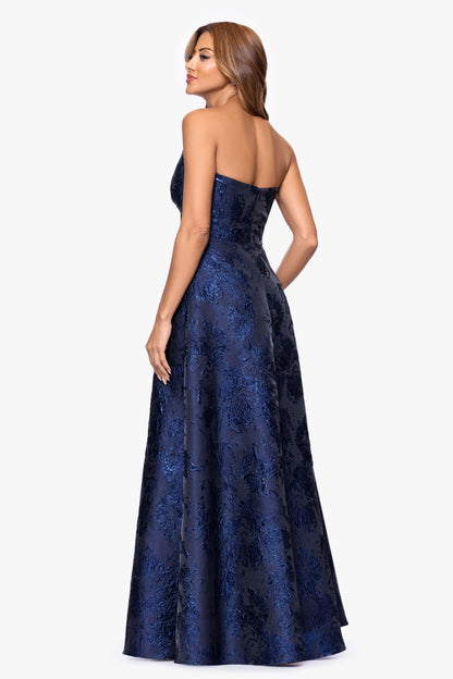XSCAPE "Emelia" Brocade Strapless Ruffle Dress