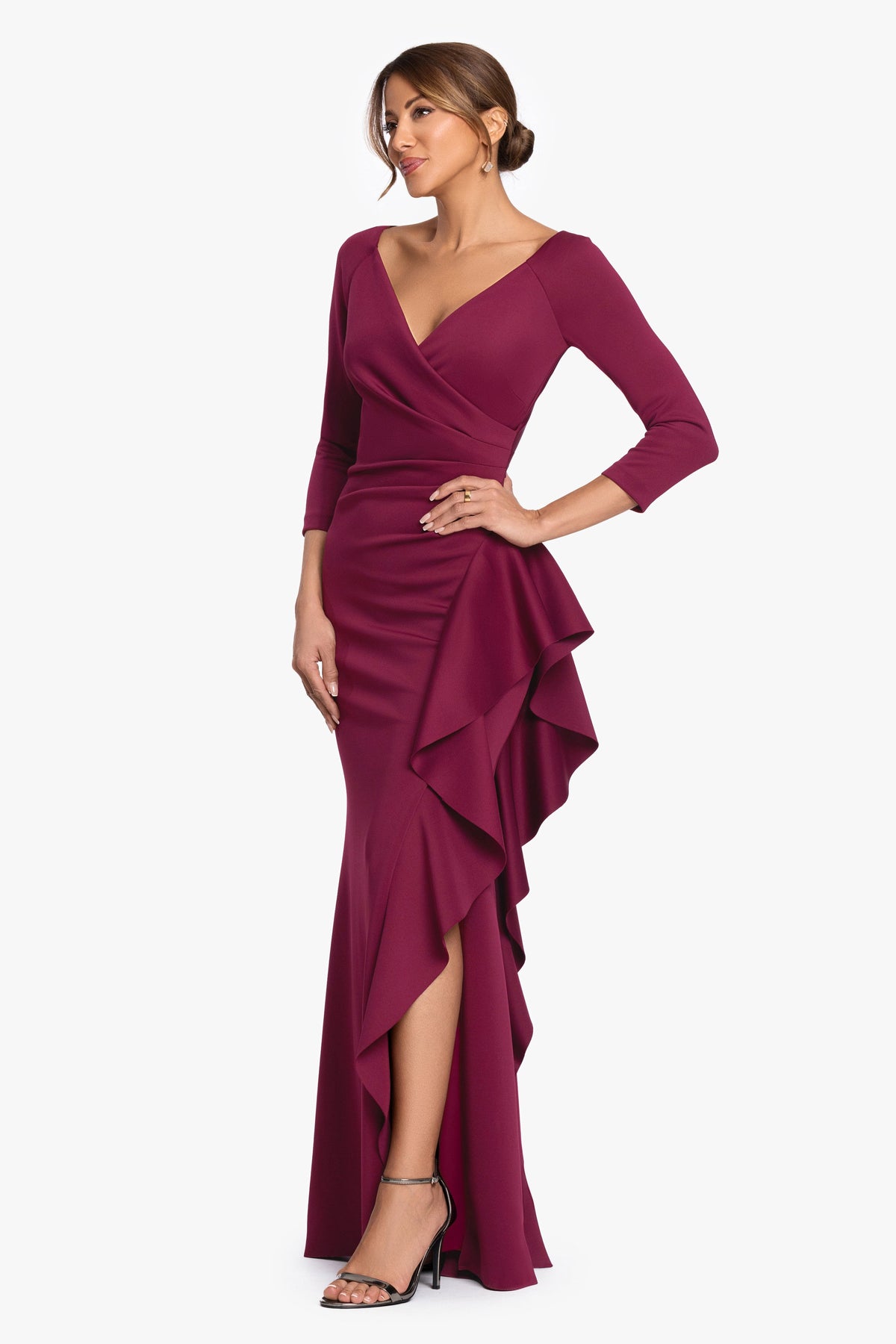 XSCAPE "Clarissa" Techno Scuba Long Sleeve Ruffle Dress