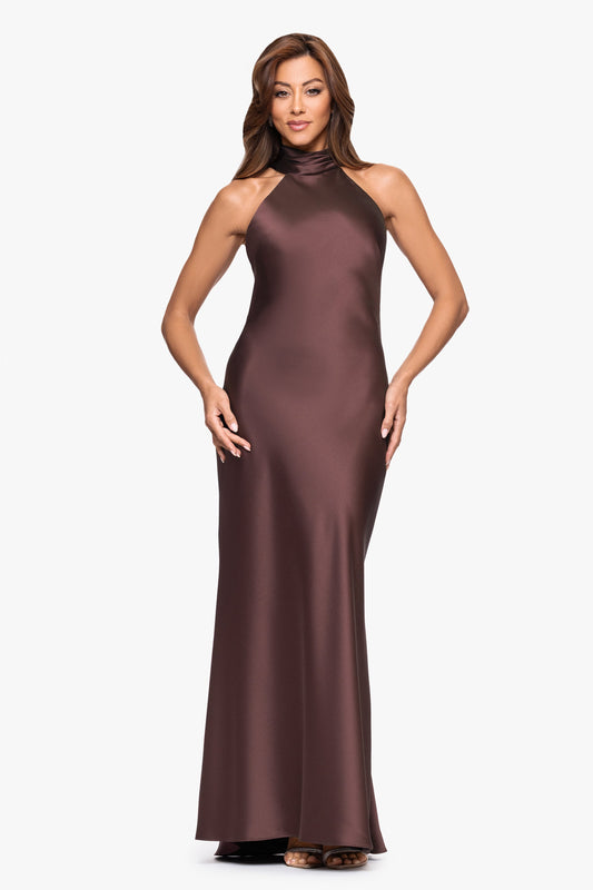 XSCAPE Petite "Ruth" Satin High Tie Neck Backless Dress